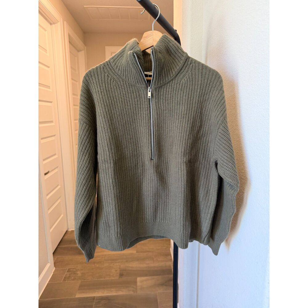 Everlane Luxe Merino Half Zip Sweater Womens M Olive Green 100% Wool NWT